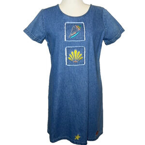 Blue J Denim Dress (M) Vtg Shell Embroidery Applique Resort Beach Vacation 90's